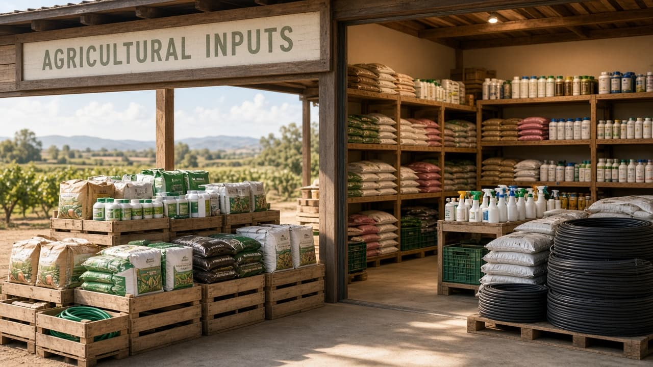 Agricultural inputs arranged in a farm supply shop